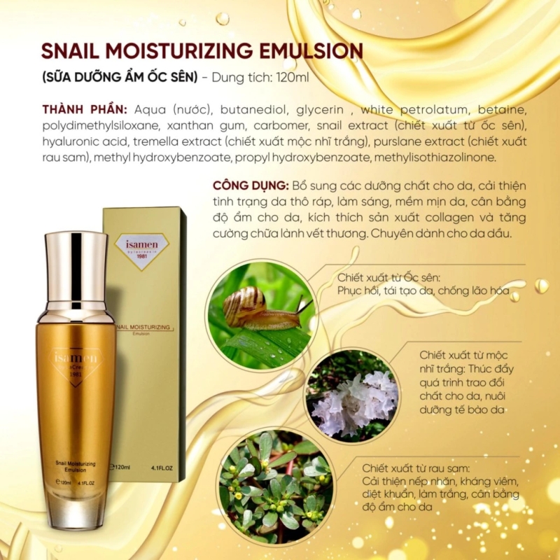 Sữa dưỡng ẩm Isamen Snail Moisturizing Emulsion